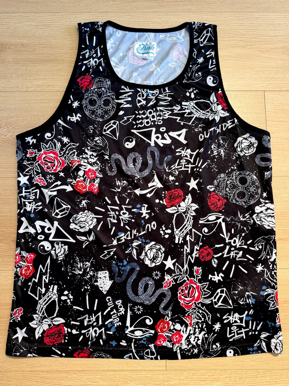 Fresh Black Graphic Tank Top with Red Rose Accents